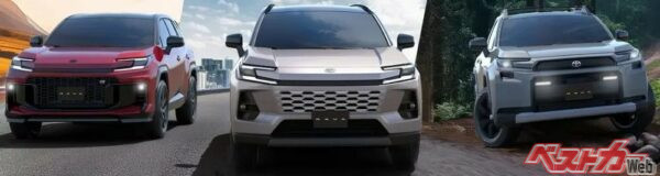 中央の「コア」、右の「アドベンチャー」、左の「GRスポーツ」。3つのグレード構成でスタートする新型RAV4の日本発売は、2025年度内を予定している