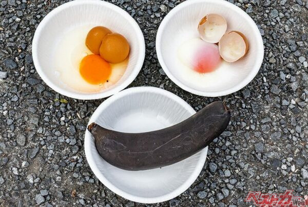 テストを終えた卵とバナナ。これを見ると、車内がいかに過酷な環境かわかるだろう。ちなみにバナナは暑さで黒焦げになっているわけではなく、紫外線で変色している。わずか1時間ほど日差しを浴びただけで真っ黒……紫外線の強さにも注意しなければならない