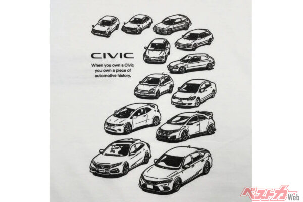 名車の歴史を背に受けて！　CIVICヒストリーTシャツが宇都宮でも店頭販売開始！　