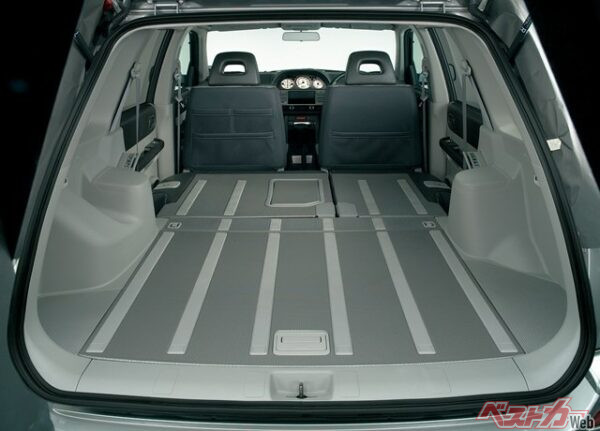 後部座席を倒した状態のラゲッジスペース。これが直接水洗いできる「ウォッシャブルラゲッジボード」