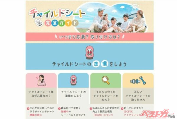 JAFのホームぺージではチャイルドシートの取り付けなどに関する詳細な紹介ページが用意されている