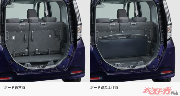 デッキボードを跳ね上げ、フックをリアヘッドレストに固定すれば、高さのある荷物の積載が可能。リアシートをダイブインさせてボード裏面にある防汚シートを展開すると、室内を汚すことなく積み込めて便利