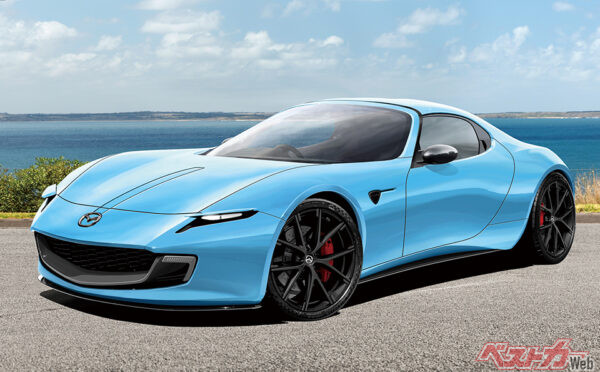 2027年のデビューが予定されているマツダ RX-7後継ロータリースポーツ。圧倒的な美しさを実現。コンセプトカーで示されたデザインは、市販車にも活かされる(ベストカー編集部作成の予想CG)