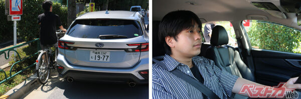 クルマの左後方から自転車が近付いている（左写真）。自転車に乗ったアナタは「これだけ近くにいるのだから、ドライバーは自分に気付いているだろう」と思う。しかし車内から見るとご覧のとおり（右写真）。これでは気付かない