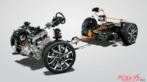 ガソリン車に比べてハイブリッドシステムを搭載する分、部品点数も多く、コスト増、重量増になるのは致し方ないところ
