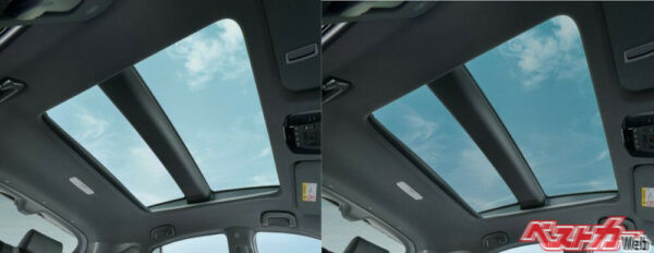 ハリアーの調光パノラマルーフ(左図：透過状態、右図：遮光状態)