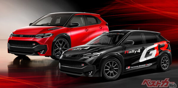 ベストカー編集部が作成したトヨタ GRスターレット（仮称）の予想CG。上がロードカー、下がWRCラリー4マシンの予想CG。ラリー4はエンジンの改造がある程度認められているが、2WD。その上のラリー3は4WDとなる