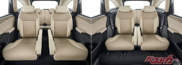 固定タイプの大型アームレストで飛行機のようなパーソナル空間で、左右斜め内側にシートが後退するVスライド機構でゆとりある足元空間になる