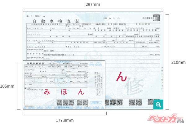 従来の車検証がA4サイズに対し、電子車検証はA6サイズ相当の厚紙にICタグを貼付したものになる