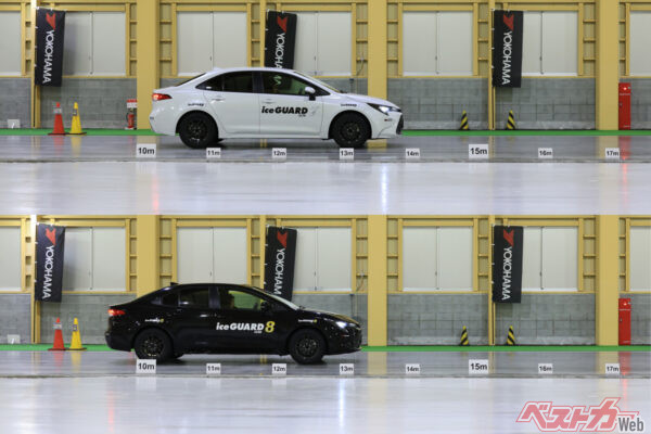 上がアイスガード7、下がアイスガード8の制動距離。4回テストを行いアイスガード7は平均15.7m、アイスガード8は13.8mだった (編集部計測値)