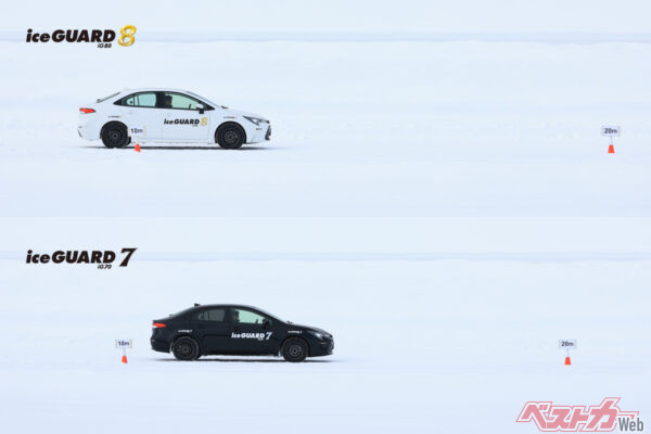 圧雪路面でのアイスガード８と アイスガード７の制動距離比較