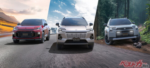 （左から）RAV4 GR SPORT、RAV4 CORE、RAV4 ADVENTURE（いずれもプロトタイプ・2025年5月 世界初公開時の公式画像より）