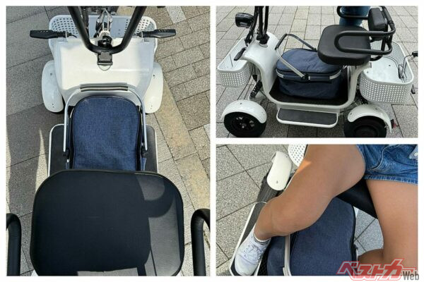 前カゴ、後ろカゴのほか両足の間にも荷物が置ける