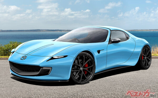 2023年のJMSに出展されたアイコニックSPが時期型RX-7の原型。新開発ロータリーエンジンを搭載する（ベストカー編集部作成の予想CG）