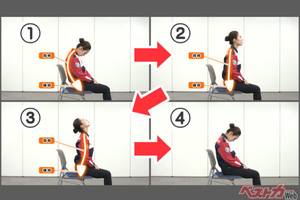 JAFが「よい運転姿勢を保つ体操」として紹介している背骨の体操。3回ほど繰り返すことで背骨まわりの筋肉がほぐれるそう（JAF「座ってできるドライビングストレッチ」より）