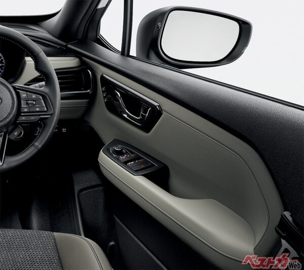 Premium S:HEV / Premium S:HEV EX ドアトリム（トリコット[プラチナ（ブルーステッチ）] /インナードアハンドル加飾（フロント）ピアノブラック（2025年4月 フルモデルチェンジ発表時の公式画像より）