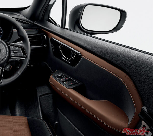 Premium S:HEV / Premium S:HEV EX〈本革シート（ブラウン/ブラック）〉 ドアトリム 表皮巻/インナードアハンドル加飾（フロント）ブランノーブ [ブラウン/ブラック（シルバーステッチ）/ ピアノブラック（2025年4月 フルモデルチェンジ発表時の公式画像より）