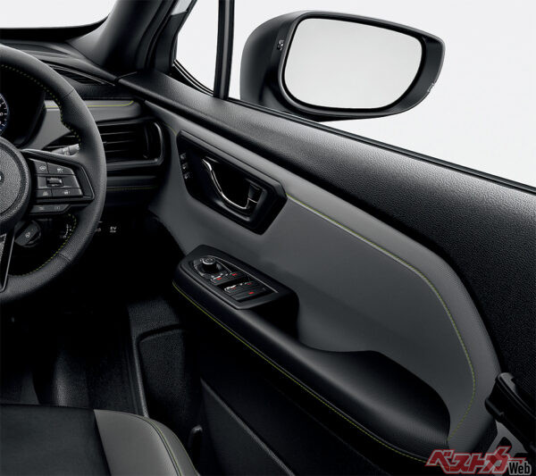 X-BREAK S:HEV / X-BREAK S:HEV EX ドアトリム 表皮巻[グレー（グリーンステッチ）] / 無塗装ブラック（テクスチャー）（2025年4月 フルモデルチェンジ発表時の公式画像より）