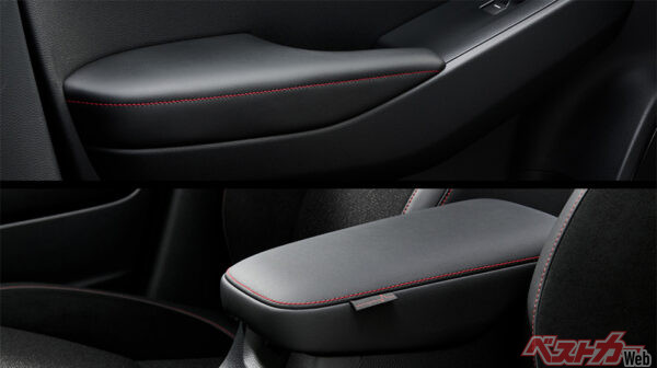 ドアアームレスト&アームレスト付センターコンソールボックス（レッドステッチ）（2025年10月 新グレード設定時の公式画像より）