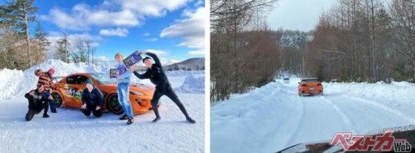 走行会に参加した動画クリエイター（左）御岳スノーランドでの雪道走行の様子（右）