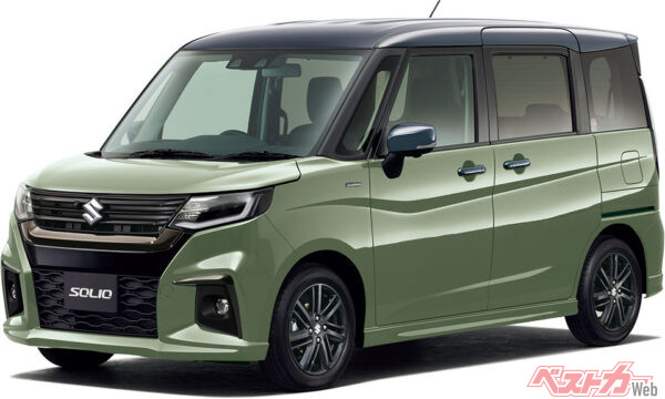 ソリオ_HYBRID SZ_タフカーキパールメタリック ガンメタリック2トーンルーフ（2022年12月 ストロングハイブリッドモデル発売時の公式画像より）