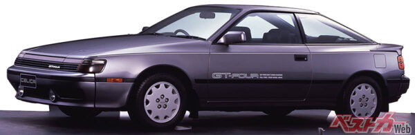 トヨタ セリカGT-FOUR（ST165型・1986年登場）。全長4365×全幅1690×全高1295mm、車重1350kg、2L直4ターボ（185ps/24.5kgm）／4代目セリカにトヨタ初のフルタイム4WDを搭載
