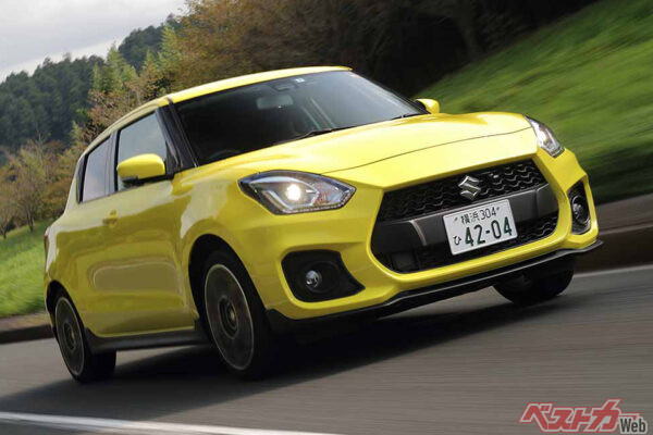 スズキ スイフトスポーツ（現行型・2017年登場）。全長3890×全幅1735×全高1500mm、車重970kg、1.4L直4ターボ（140ps23.4/kgm）