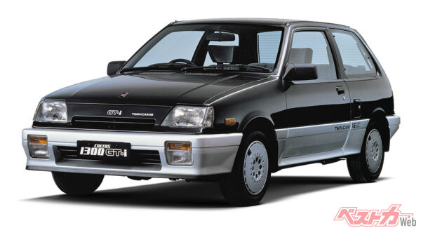 スズキ カルタスGT-i（初代・1986年登場）。全長3670×全幅1545×全高1350mm、車重730kg、1.3L直4（97ps/11.2kgm）