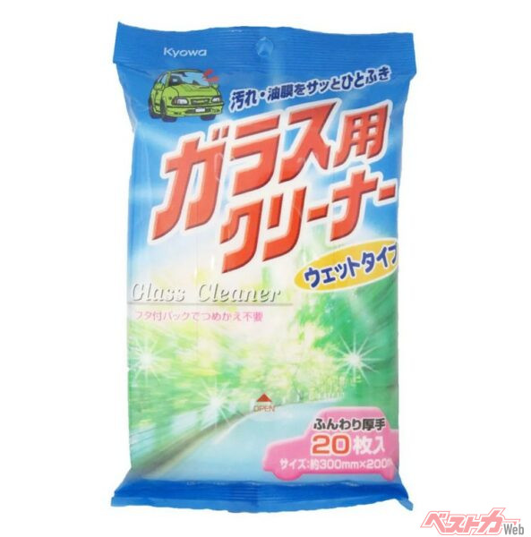 協和紙工の「ガラスクリーナー20枚」（標準価格：100円）。コストパフォーマンスに優れた商品