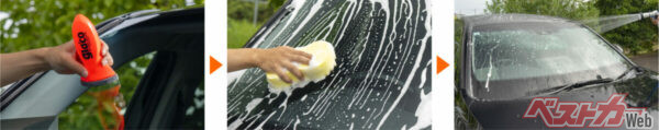 フロントウインドウに先にガラス撥水剤を塗り込んだ後、シャンプー洗車するだけでもう終了！
