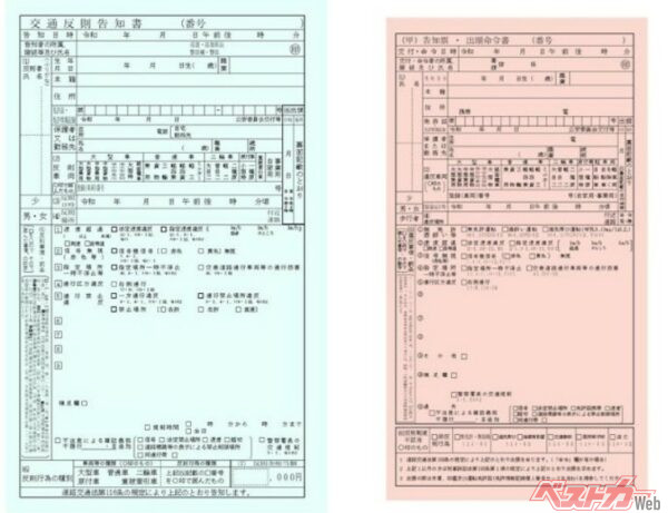 左が青切符、右が赤切符（出典：警察庁交通局）