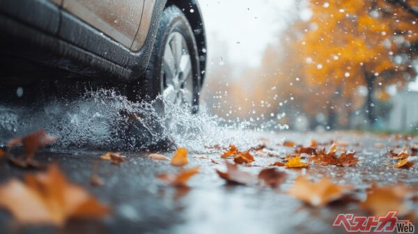 晴れた日であっても、この時期は路面が乾きにくいため水溜まりがあることも。カーブ手前では必ず速度を落としたい（PHOTO：Adobe Stock_Prostock-studio）