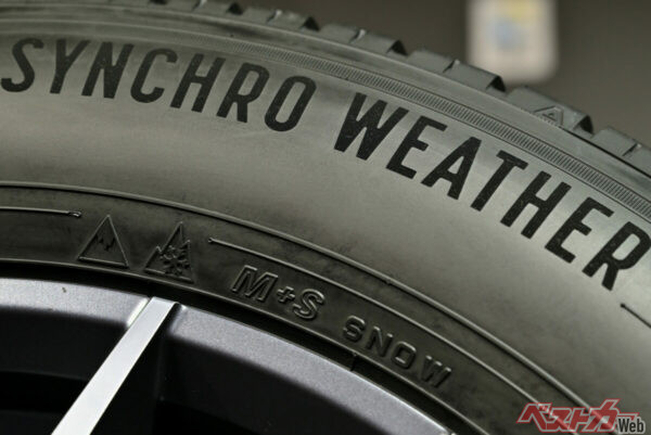 M＋Sマークの左に記された山と雪の結晶をイメージしたマークが「スノーフレークマーク」、その左に刻印された三角形のマークが「アイスグリップシンボル」だ。オールシーズンタイヤとしてはシンクロウェザーが世界で唯一の付与だ