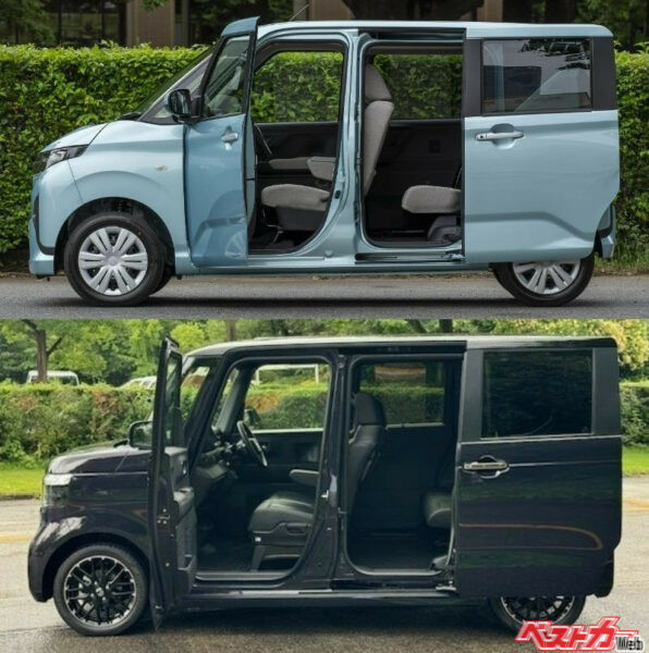 上が両側スライドドアを初めて採用した新型ムーヴ。全長3395×全幅1475×全高1655mm。下がN-BOXカスタム。全長3395×全幅1475×全高1790mm。新型ムーヴはN-BOXに比べ全高が135mm低い