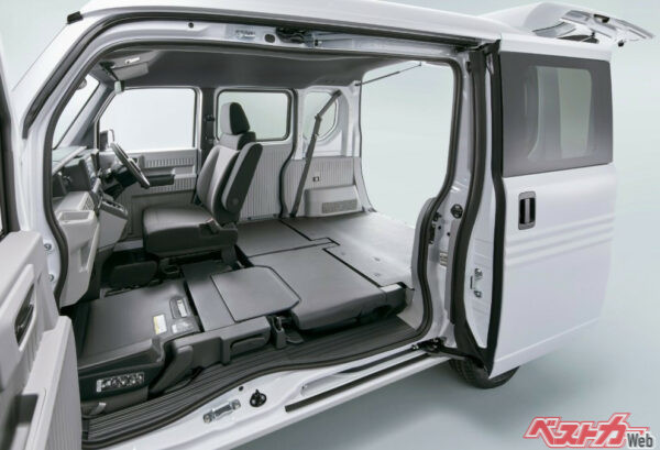 N-VAN eの助手席側はBピラーレスとしており、前席ドアと後席スライドドアを開けると大開口が誕生する。ダイハツ「タント」のミラクルオープンドアも同じだ