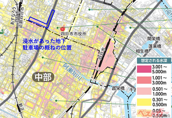 浸水した地下駐車場のおおむねの位置（横山芳春氏提供）
