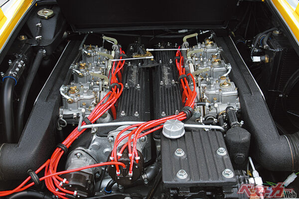 バンク角60度のV型12気筒DOHC24バルブを搭載。最高出力375ps/8000rpm、最大トルク36.8kgm/5500rpmは当時トップクラス