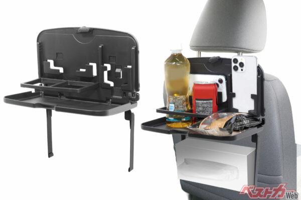 装着のイメージ。テーブルとしてだけでなくスマホやティッシュも固定できるのがうれしい