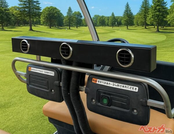 ゴルフカートにつける後付けクーラーだって!?　馬力アップで風量2倍！　三笠製作所が「OASISプラス」を開発！　シートヒーターもあるぞ!!