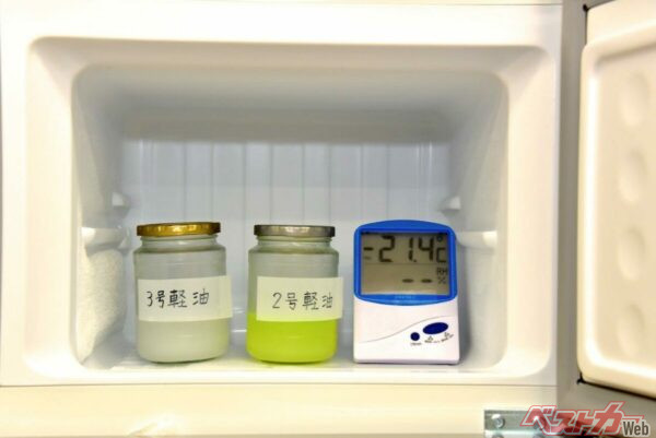冷え切った2号軽油と3号軽油。一緒に冷凍庫に入れた温度計は、-21.4℃を指している