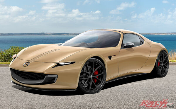 ベストカー編集部が作成したマツダ RX-7後継ロータリースポーツの予想CG。2023年のJMSに出展され好評を得たアイコニックSPのイメージが活かされるはず