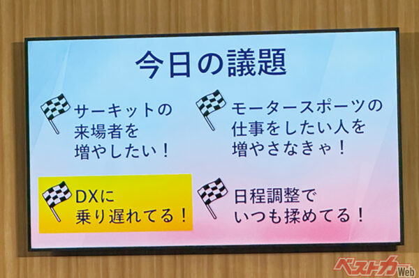 ジャパンモビリティショー2025の会場で来場者に公開されたモータースポーツ委員会。4つのテーマについて議論した