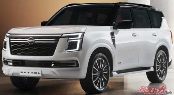 大型クロカンSUVの「パトロール」。全長5350mm、全幅2030mm、全高1945〜1955mmと、ランドクルーザー300を一回り上回っている