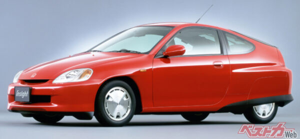 1999年登場の初代インサイト。アルミボディや樹脂フェンダーの使用による軽量化などで10.15モード=35.0km/Lを実現した徹底した燃費技術を盛り込んだ初代インサイトは10.15モード=35.0km/L(1999年)