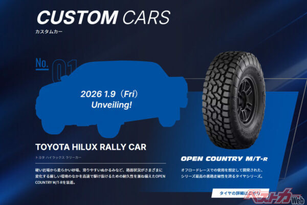 2026年のダカールラリーでもOverdrive Racingがハイラックスで参戦しOPEN COUNTRY M/T-Rを履いていた