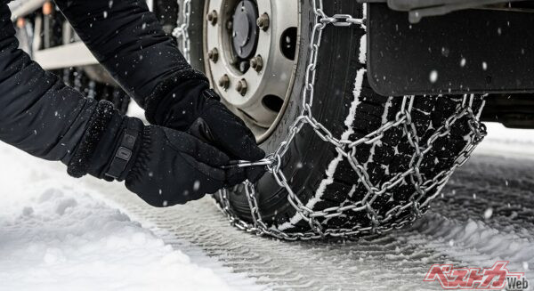 突然の雪やチェーン規制に備え、タイヤチェーンをトランクに常備しよう（PHOTO：Adobe Stock_velikiyzayats）