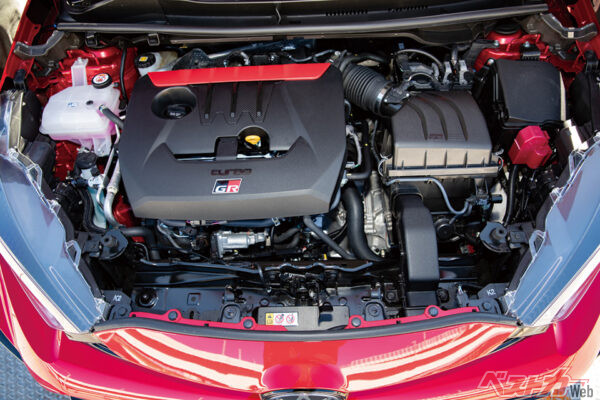 写真の現行型GRヤリスの3気筒1.6Lターボを1.3Lにダウンサイジング。市販車は135psとなる