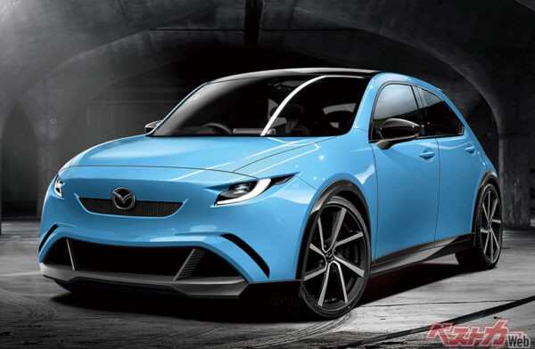 ベストカー編集部が作成した次期型マツダ MAZDA2の予想CG。全長3825×全幅1795×全高1470mm、ホイールベース2515mmのジャストサイズ。内燃機関も想定している