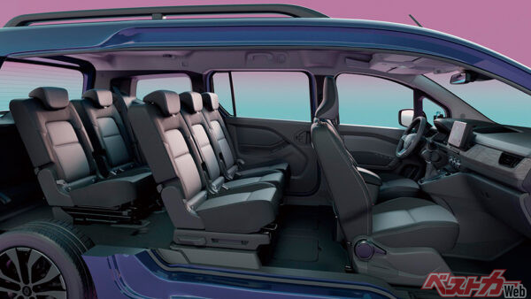 2-3-2の完全独立シート。2列目＆3列目の足元にもじゅうぶんな空間がある