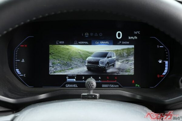 エコ・ノーマル・グラベル・スノーの4モードを切り替えるとメーターにアニメーション表示されるのも嬉しいポイントで、アウトランダーなどと同様にS-AWCの作動状況をリアルタイムにメーターに表示してくれるのは激アツ